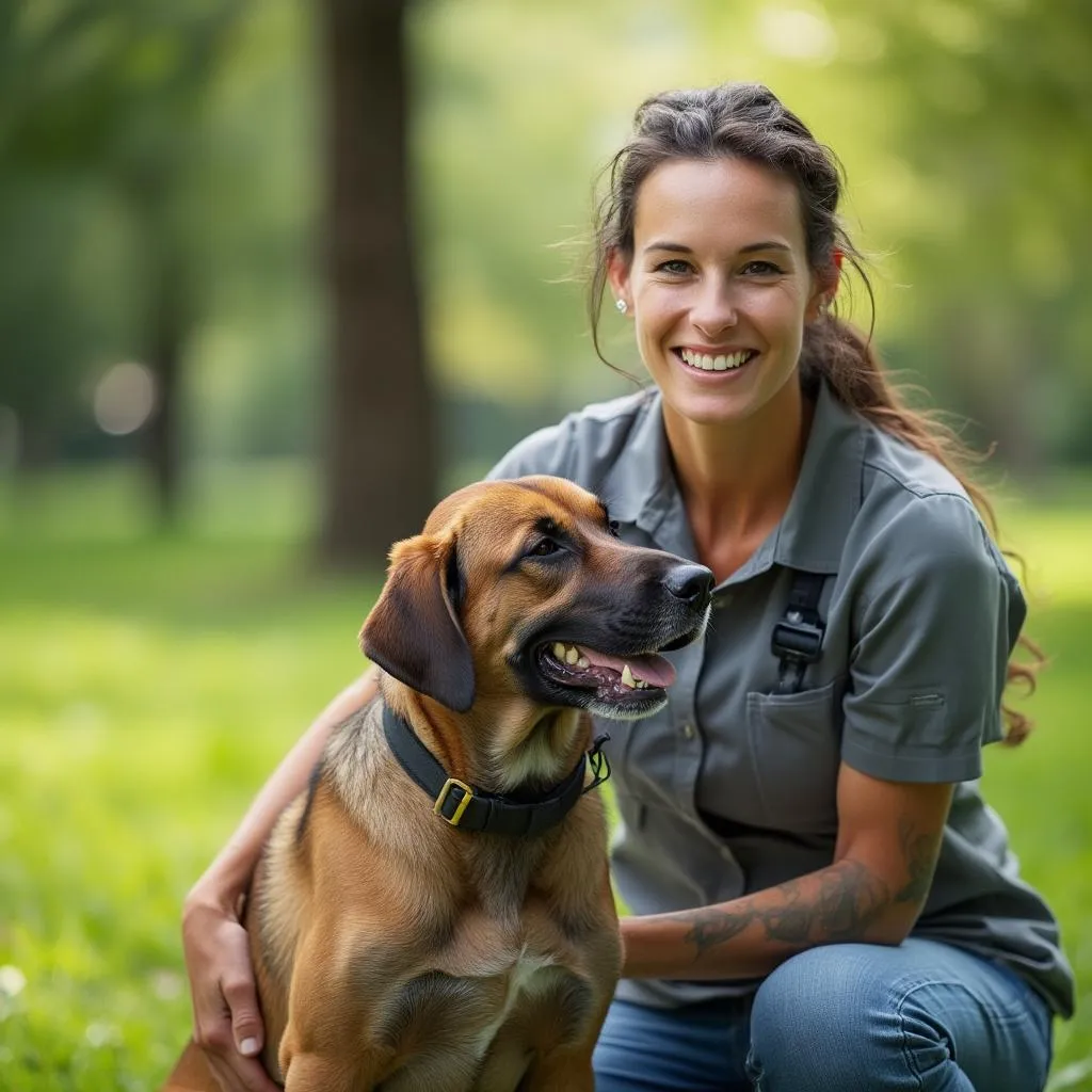 Adiestrador de unterrificallydql con un perro sonriente